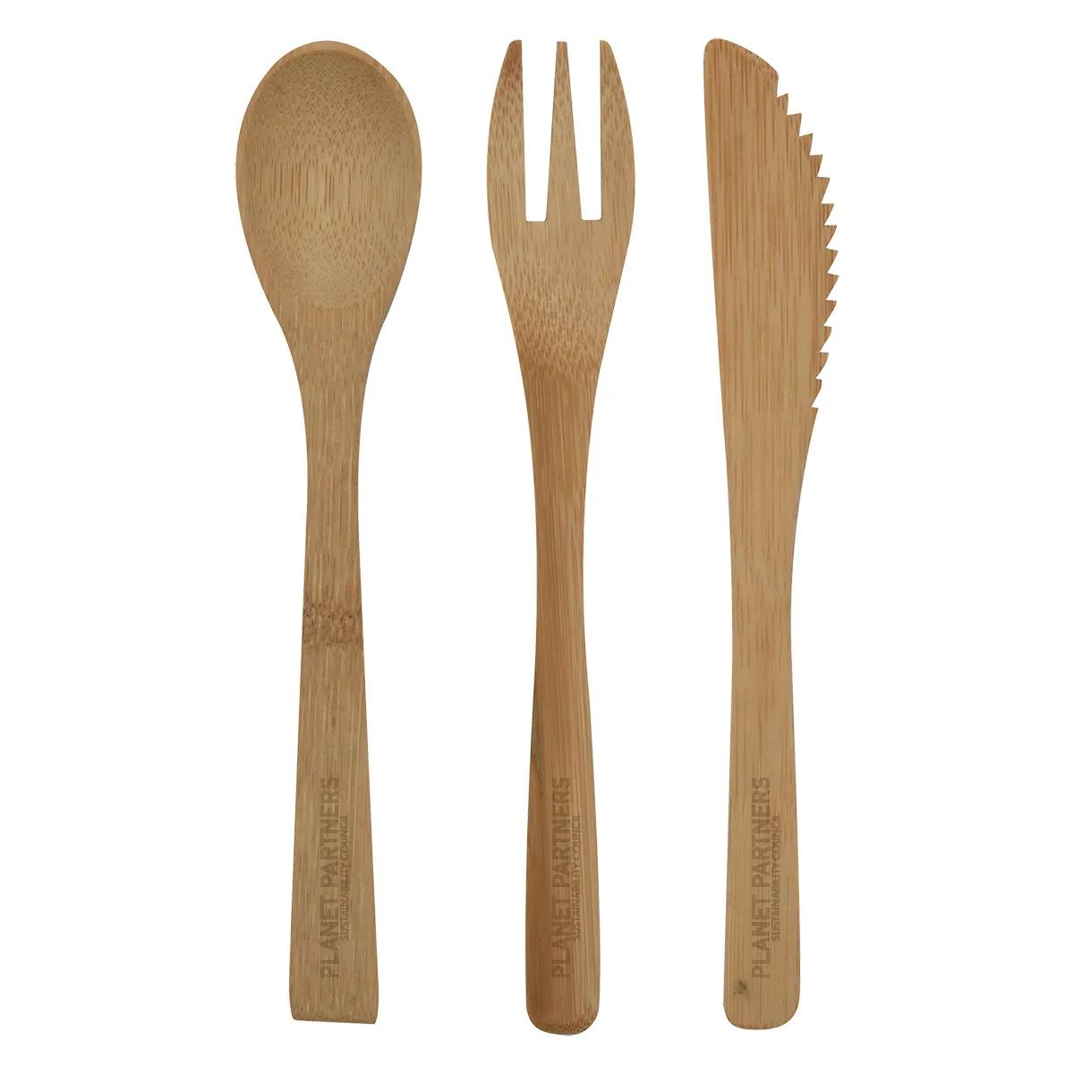 3 Piece Bamboo Utensil Set In Travel Pouch 1 of 2